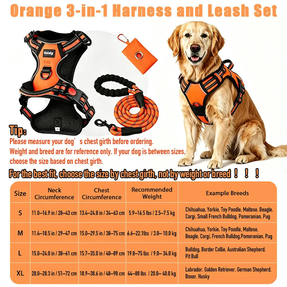 HELETY 3-In-1 No-Pull No-Choke Dog Vest Harness Leash Set for Medium-Large Dogs - Black Heavy-Duty Reflective Oxford Belt, Anti-Escape Lock, Adjustable, Poop Bag Holder, Airtag Compatible, Coyote-Proof, Car Seat Safe for Outdoor Night Walking