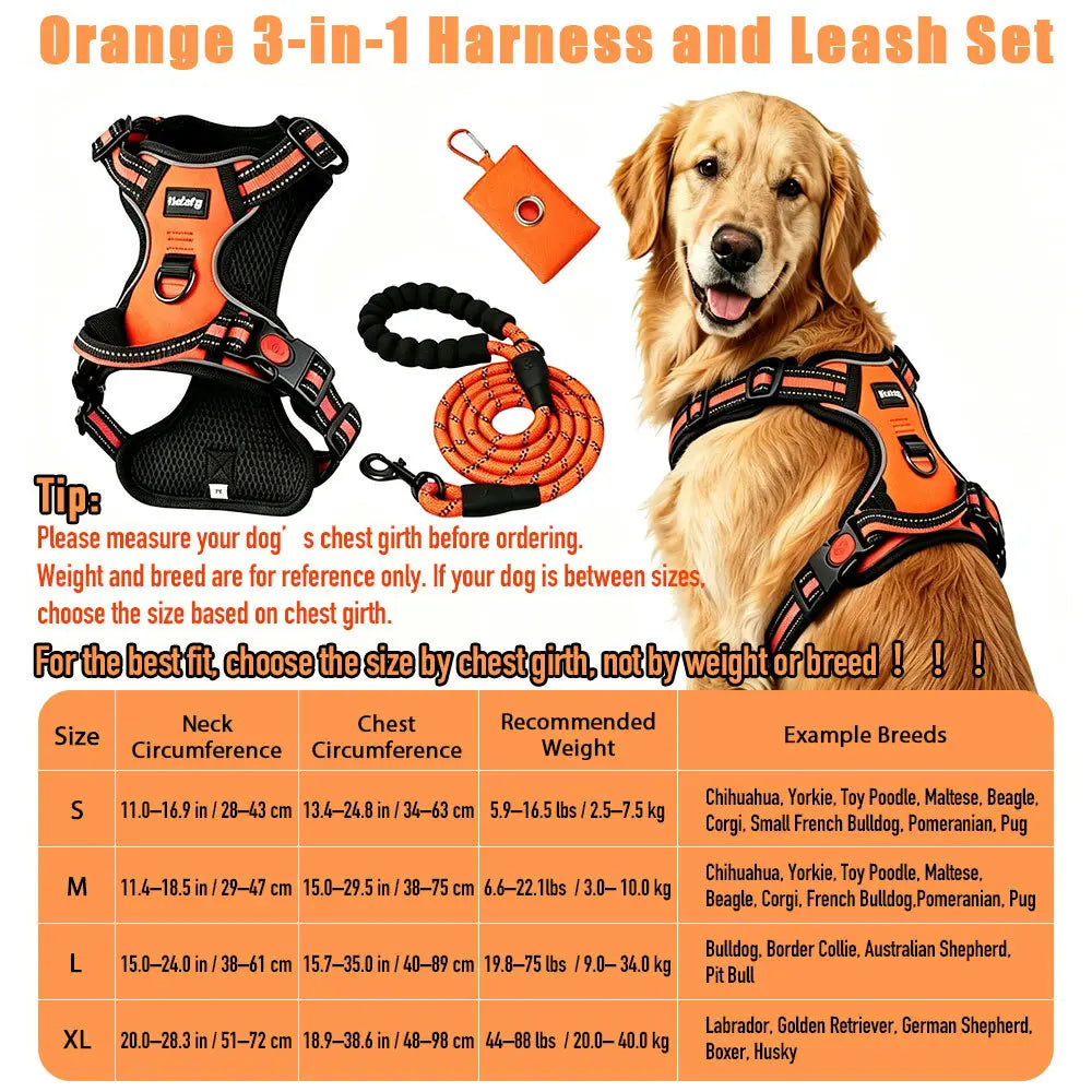 HELETY 3-In-1 Dog Vest Harness Set - No Pull, No Choke, 3M Reflective, Anti-Escape Lock, Adjustable for Small/Medium/Large Dogs, Oxford Material, Night Strap, Poop Bag Holder, Airtag Compatible, Cooling for Safe Walking & Travel Outdoor Walk Girl Boy, Dur