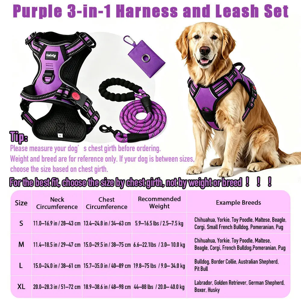 HELETY 3-In-1 No-Pull No-Choke Dog Vest Harness Leash Set for Medium-Large Dogs - Black Heavy-Duty Reflective Oxford Belt, Anti-Escape Lock, Adjustable, Poop Bag Holder, Airtag Compatible, Coyote-Proof, Car Seat Safe for Outdoor Night Walking