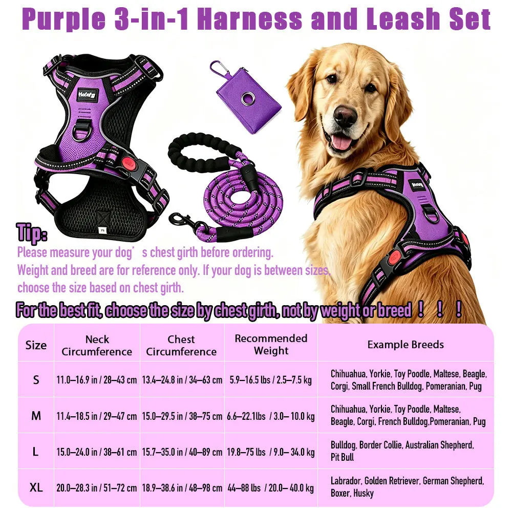 HELETY 3-In-1 Dog Vest Harness Set - No Pull, No Choke, 3M Reflective, Anti-Escape Lock, Adjustable for Small/Medium/Large Dogs, Oxford Material, Night Strap, Poop Bag Holder, Airtag Compatible, Cooling for Safe Walking & Travel Outdoor Walk Girl Boy, Dur