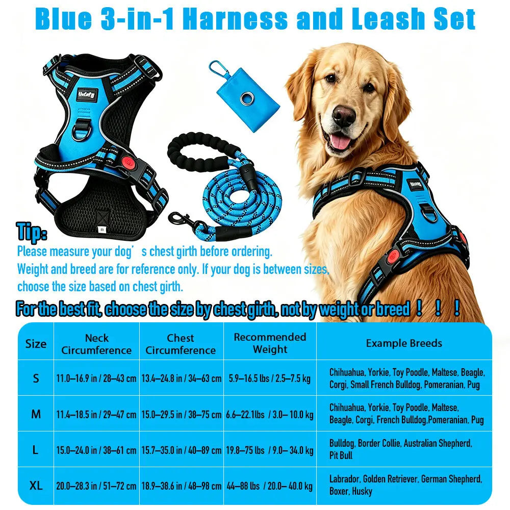 HELETY 3-In-1 Dog Vest Harness Set - No Pull, No Choke, 3M Reflective, Anti-Escape Lock, Adjustable for Small/Medium/Large Dogs, Oxford Material, Night Strap, Poop Bag Holder, Airtag Compatible, Cooling for Safe Walking & Travel Outdoor Walk Girl Boy, Dur