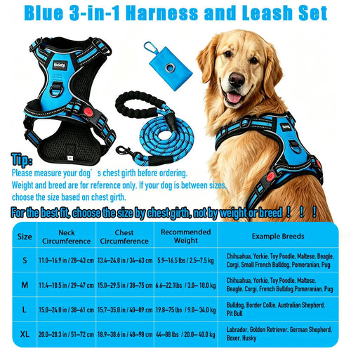 HELETY 3-In-1 Dog Vest Harness Set - No Pull, No Choke, 3M Reflective, Anti-Escape Lock, Adjustable for Small/Medium/Large Dogs, Oxford Material, Night Strap, Poop Bag Holder, Airtag Compatible, Cooling for Safe Walking & Travel Outdoor Walk Girl Boy, Dur