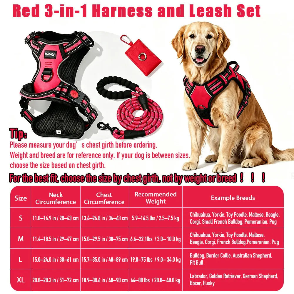HELETY 3-In-1 No-Pull No-Choke Dog Vest Harness Leash Set for Medium-Large Dogs - Black Heavy-Duty Reflective Oxford Belt, Anti-Escape Lock, Adjustable, Poop Bag Holder, Airtag Compatible, Coyote-Proof, Car Seat Safe for Outdoor Night Walking