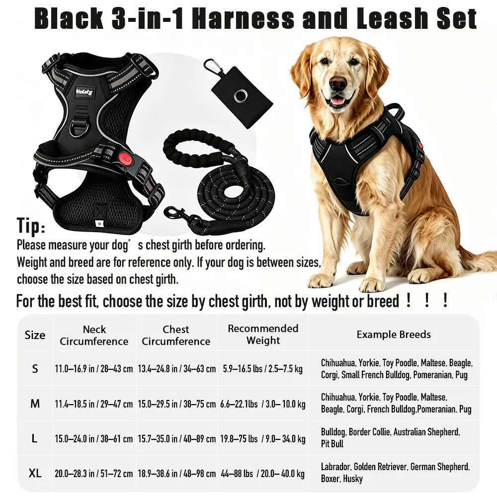 HELETY 3-In-1 No-Pull No-Choke Dog Vest Harness Leash Set for Medium-Large Dogs - Black Heavy-Duty Reflective Oxford Belt, Anti-Escape Lock, Adjustable, Poop Bag Holder, Airtag Compatible, Coyote-Proof, Car Seat Safe for Outdoor Night Walking