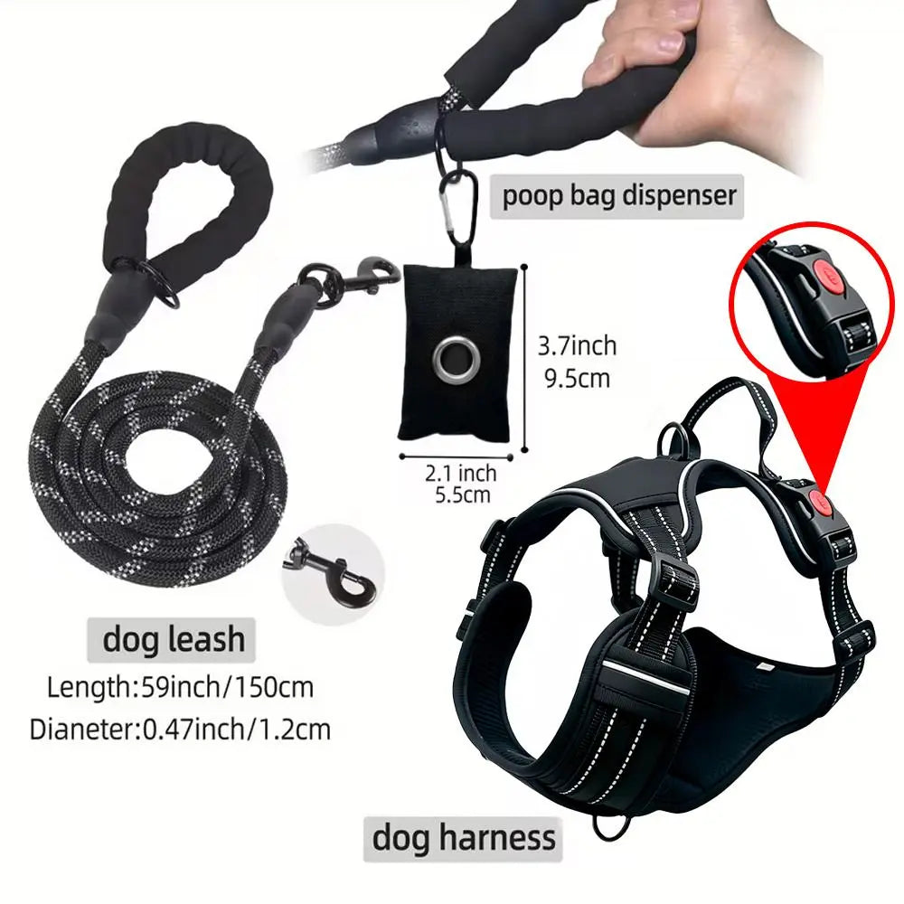 HELETY 3-In-1 No-Pull No-Choke Dog Vest Harness Leash Set for Medium-Large Dogs - Black Heavy-Duty Reflective Oxford Belt, Anti-Escape Lock, Adjustable, Poop Bag Holder, Airtag Compatible, Coyote-Proof, Car Seat Safe for Outdoor Night Walking
