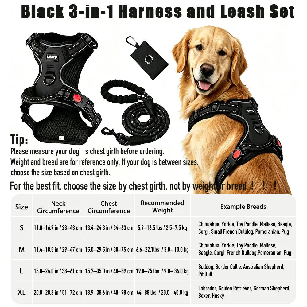 HELETY 3-In-1 Dog Vest Harness Set - No Pull, No Choke, 3M Reflective, Anti-Escape Lock, Adjustable for Small/Medium/Large Dogs, Oxford Material, Night Strap, Poop Bag Holder, Airtag Compatible, Cooling for Safe Walking & Travel Outdoor Walk Girl Boy, Dur