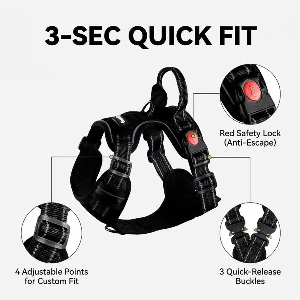 HELETY 3-In-1 No-Pull No-Choke Dog Vest Harness Leash Set for Medium-Large Dogs - Black Heavy-Duty Reflective Oxford Belt, Anti-Escape Lock, Adjustable, Poop Bag Holder, Airtag Compatible, Coyote-Proof, Car Seat Safe for Outdoor Night Walking