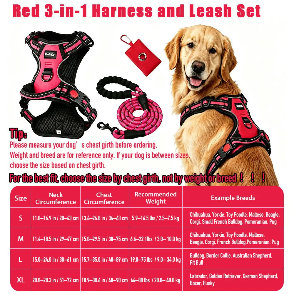 HELETY 3-In-1 Dog Vest Harness Set - No Pull, No Choke, 3M Reflective, Anti-Escape Lock, Adjustable for Small/Medium/Large Dogs, Oxford Material, Night Strap, Poop Bag Holder, Airtag Compatible, Cooling for Safe Walking & Travel Outdoor Walk Girl Boy, Dur