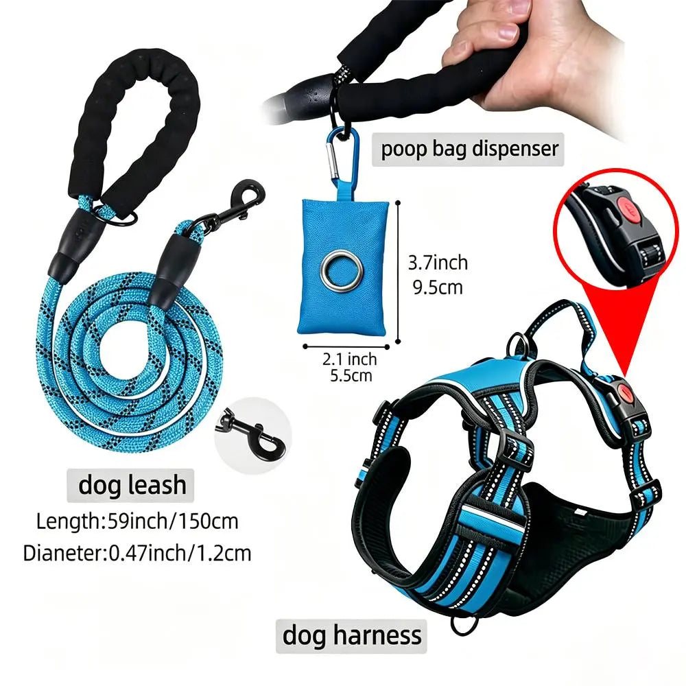 HELETY 3-In-1 Dog Vest Harness Set - No Pull, No Choke, 3M Reflective, Anti-Escape Lock, Adjustable for Small/Medium/Large Dogs, Oxford Material, Night Strap, Poop Bag Holder, Airtag Compatible, Cooling for Safe Walking & Travel Outdoor Walk Girl Boy, Dur