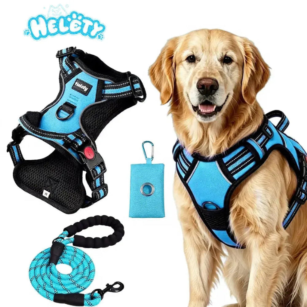 HELETY 3-In-1 Dog Vest Harness Set - No Pull, No Choke, 3M Reflective, Anti-Escape Lock, Adjustable for Small/Medium/Large Dogs, Oxford Material, Night Strap, Poop Bag Holder, Airtag Compatible, Cooling for Safe Walking & Travel Outdoor Walk Girl Boy, Dur