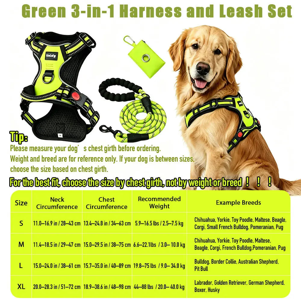 HELETY 3-In-1 Dog Vest Harness Set - No Pull, No Choke, 3M Reflective, Anti-Escape Lock, Adjustable for Small/Medium/Large Dogs, Oxford Material, Night Strap, Poop Bag Holder, Airtag Compatible, Cooling for Safe Walking & Travel Outdoor Walk Girl Boy, Dur