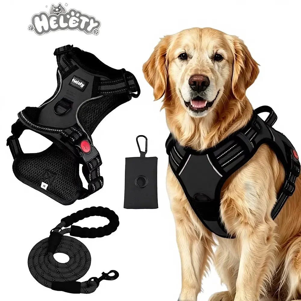 HELETY 3-In-1 No-Pull No-Choke Dog Vest Harness Leash Set for Medium-Large Dogs - Black Heavy-Duty Reflective Oxford Belt, Anti-Escape Lock, Adjustable, Poop Bag Holder, Airtag Compatible, Coyote-Proof, Car Seat Safe for Outdoor Night Walking