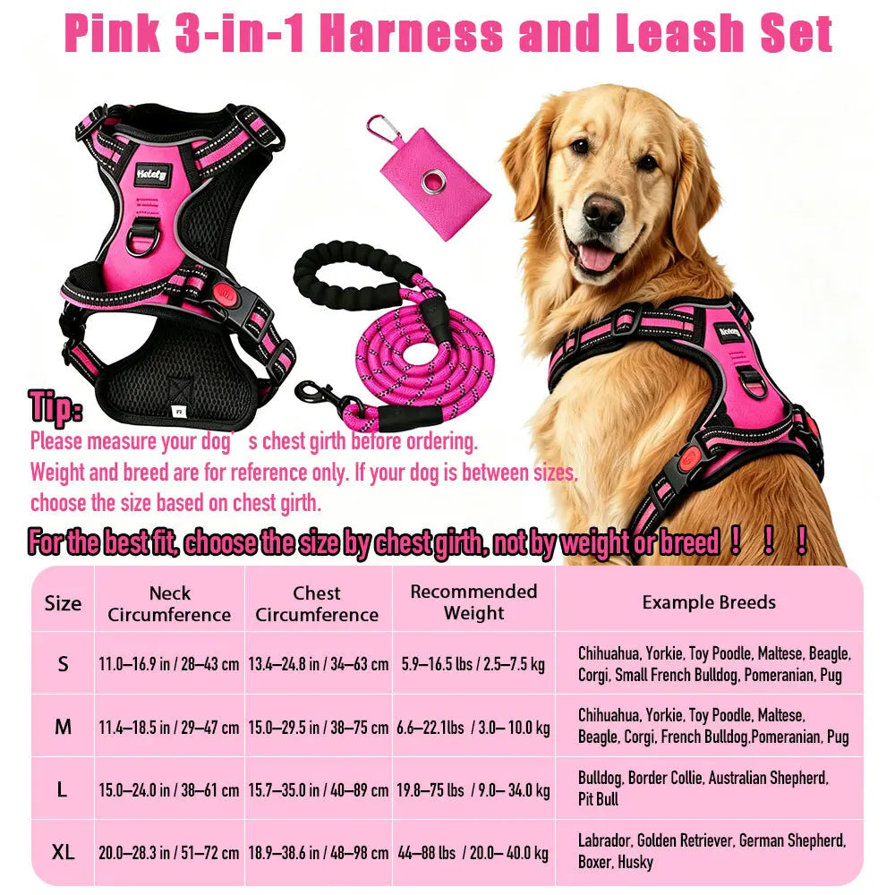 HELETY 3-In-1 Dog Vest Harness Set - No Pull, No Choke, 3M Reflective, Anti-Escape Lock, Adjustable for Small/Medium/Large Dogs, Oxford Material, Night Strap, Poop Bag Holder, Airtag Compatible, Cooling for Safe Walking & Travel Outdoor Walk Girl Boy, Dur