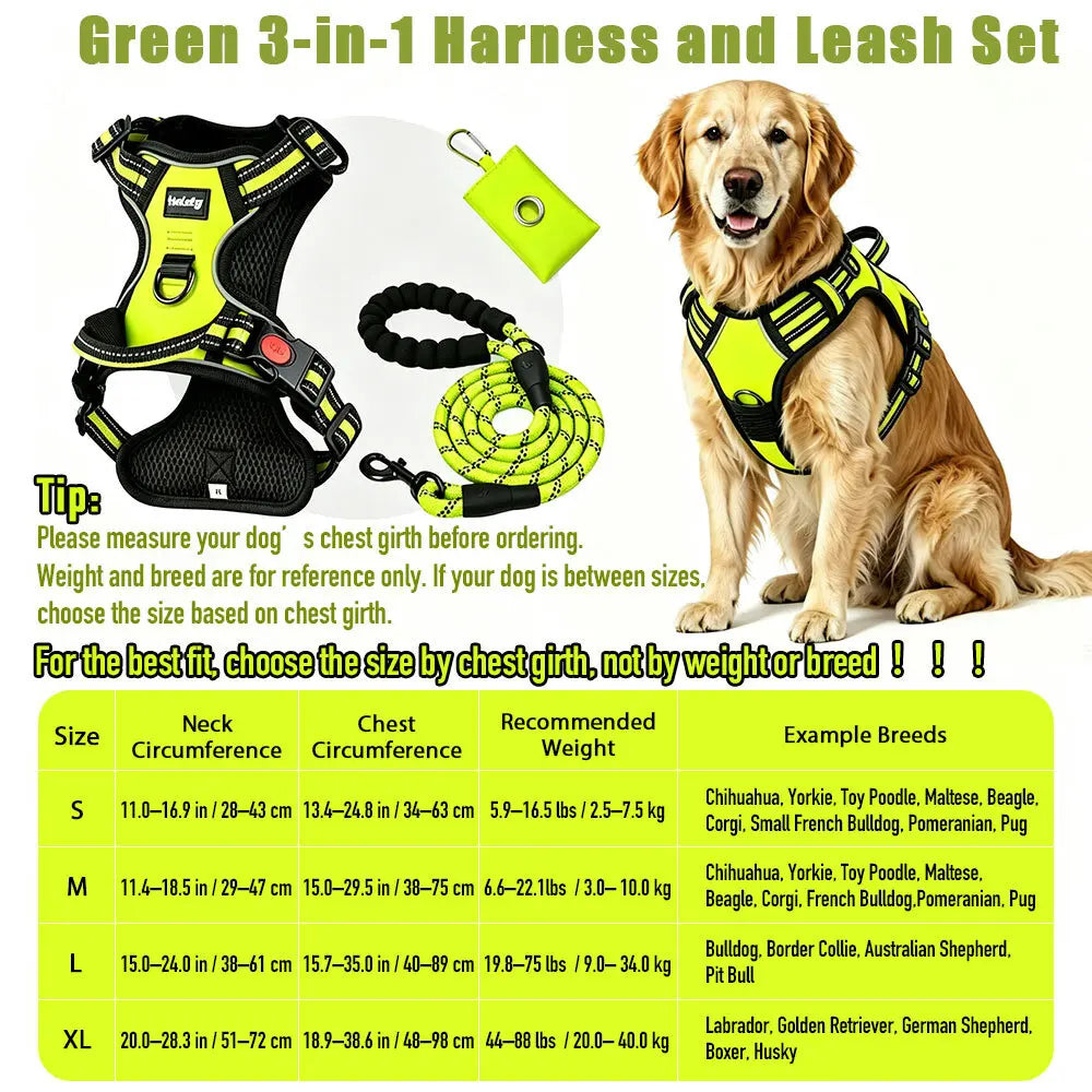 HELETY 3-In-1 No-Pull No-Choke Dog Vest Harness Leash Set for Medium-Large Dogs - Black Heavy-Duty Reflective Oxford Belt, Anti-Escape Lock, Adjustable, Poop Bag Holder, Airtag Compatible, Coyote-Proof, Car Seat Safe for Outdoor Night Walking