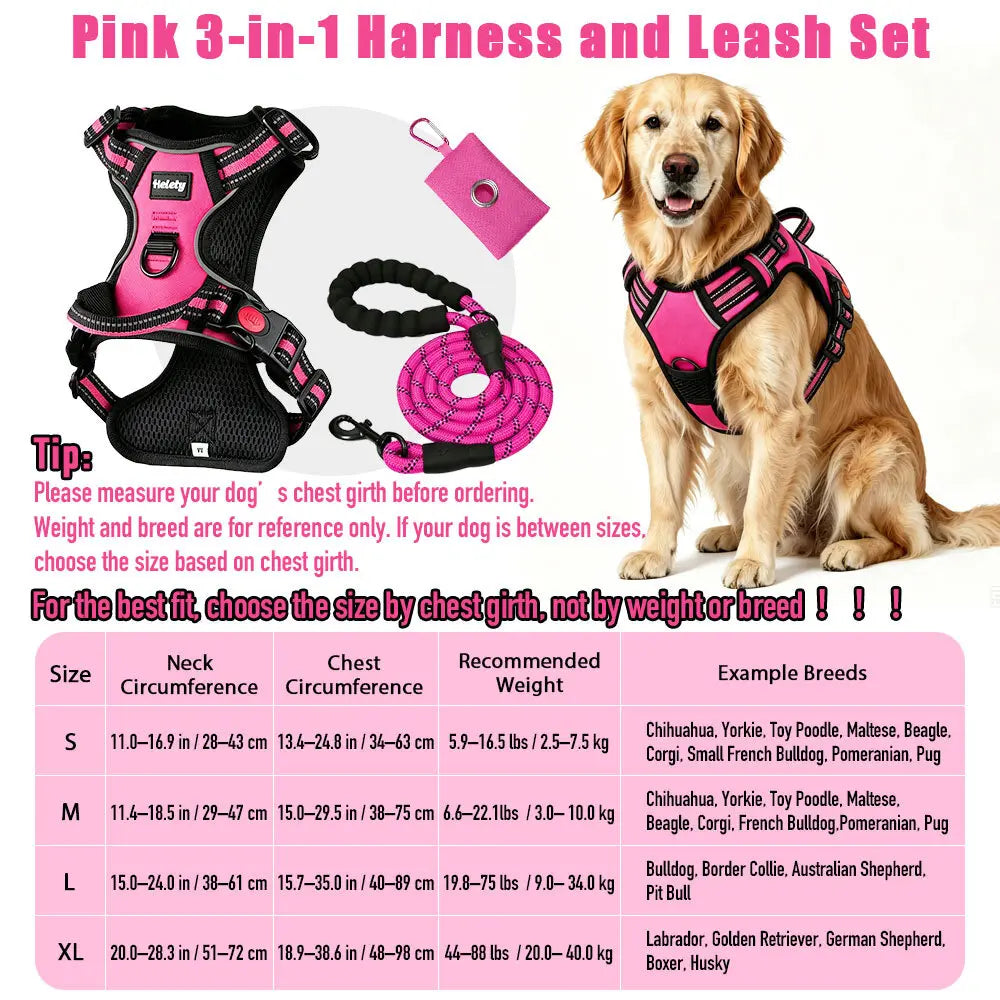 HELETY 3-In-1 No-Pull No-Choke Dog Vest Harness Leash Set for Medium-Large Dogs - Black Heavy-Duty Reflective Oxford Belt, Anti-Escape Lock, Adjustable, Poop Bag Holder, Airtag Compatible, Coyote-Proof, Car Seat Safe for Outdoor Night Walking