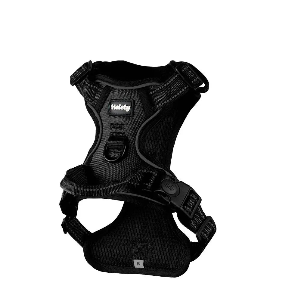 HELETY 3-In-1 No-Pull No-Choke Dog Vest Harness Leash Set for Medium-Large Dogs - Black Heavy-Duty Reflective Oxford Belt, Anti-Escape Lock, Adjustable, Poop Bag Holder, Airtag Compatible, Coyote-Proof, Car Seat Safe for Outdoor Night Walking