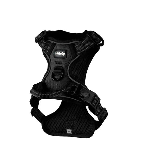 HELETY 3-In-1 No-Pull No-Choke Dog Vest Harness Leash Set for Medium-Large Dogs - Black Heavy-Duty Reflective Oxford Belt, Anti-Escape Lock, Adjustable, Poop Bag Holder, Airtag Compatible, Coyote-Proof, Car Seat Safe for Outdoor Night Walking