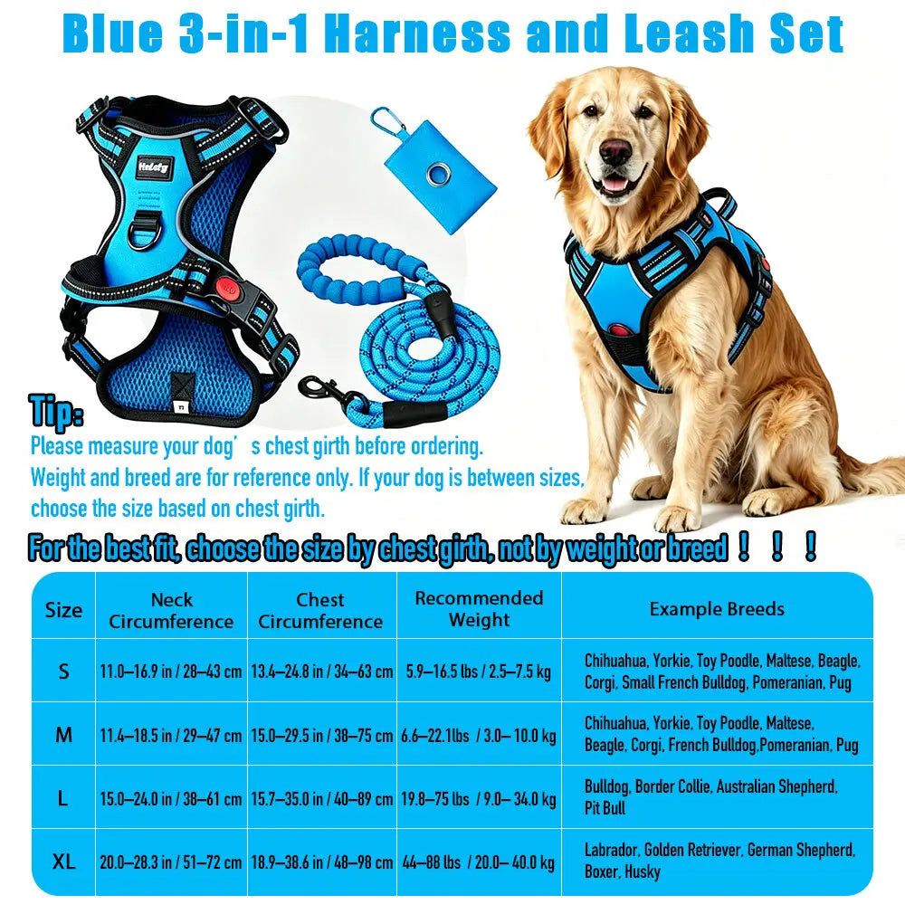 HELETY 3-In-1 No-Pull No-Choke Dog Vest Harness Leash Set for Medium-Large Dogs - Black Heavy-Duty Reflective Oxford Belt, Anti-Escape Lock, Adjustable, Poop Bag Holder, Airtag Compatible, Coyote-Proof, Car Seat Safe for Outdoor Night Walking